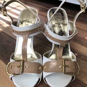 Guess White & Tan Leather High Heel Sandals